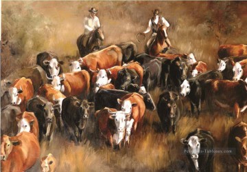 Cattle Drive par des cow boys Peinture à l'huile